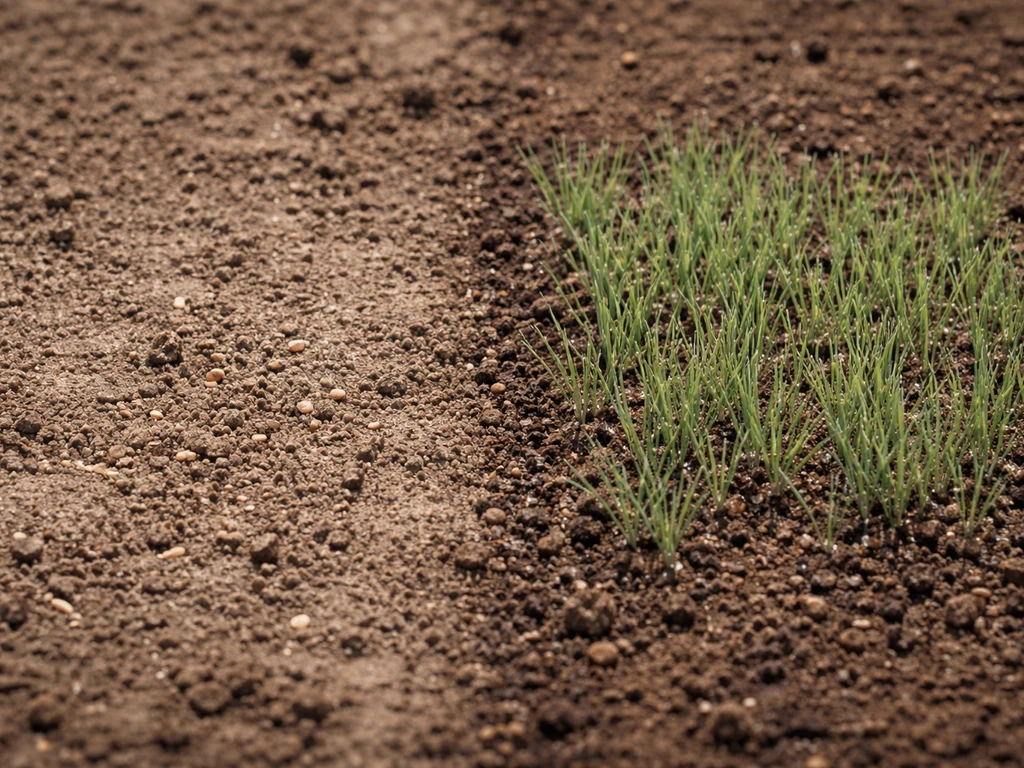Close view of blue fescue seedling rows: one bare patch beside healthy germination after reseeding