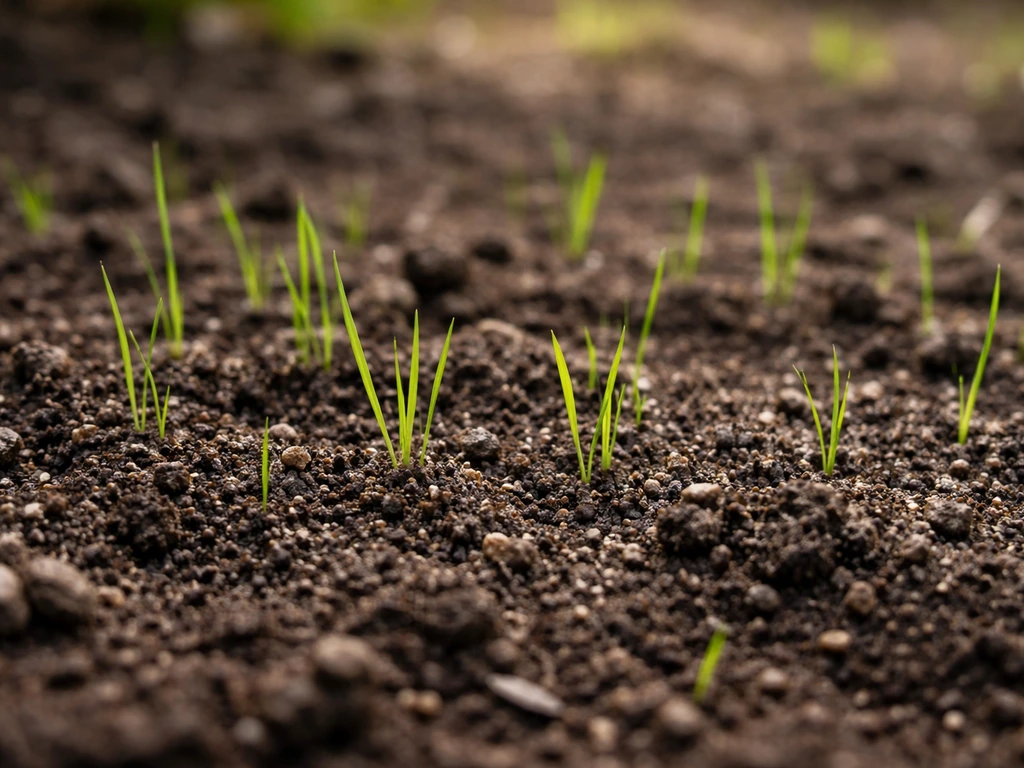 Close-up of decorative grass seedlings emerging from freshly seeded soil in soft natural light.