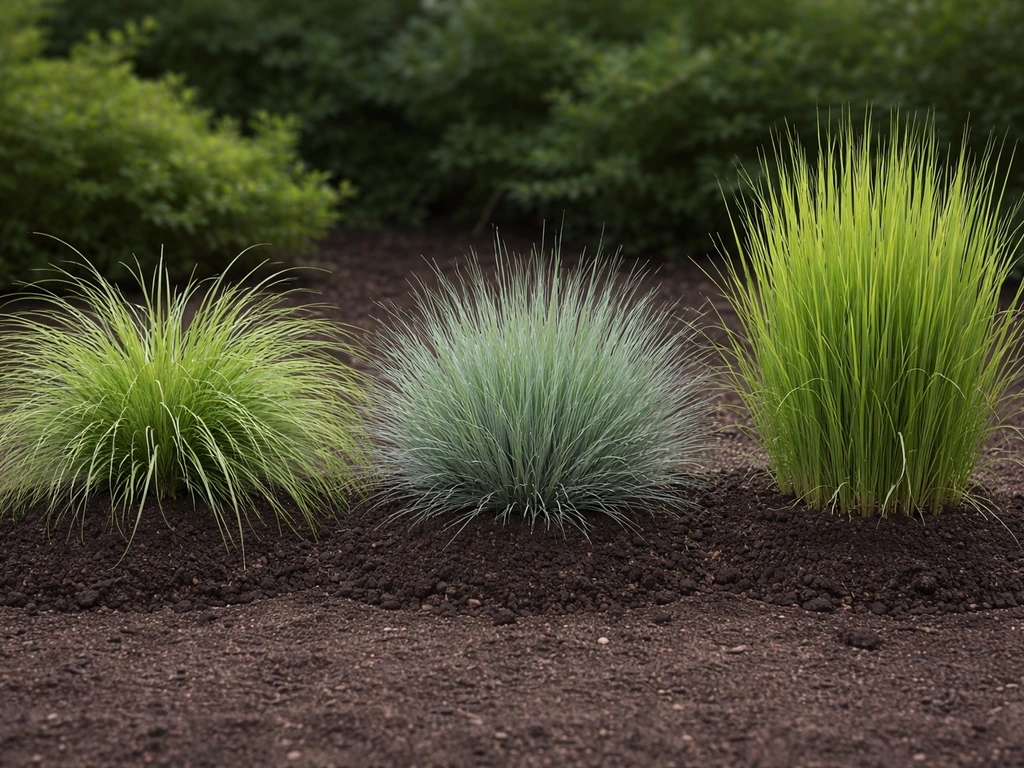 Three decorative grasses in simple garden soil—fountain, fine blade, and upright tuft textures side by side.