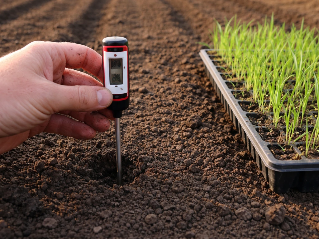 Hand holds a soil thermometer in a prepared seedbed to show the soil is warm enough