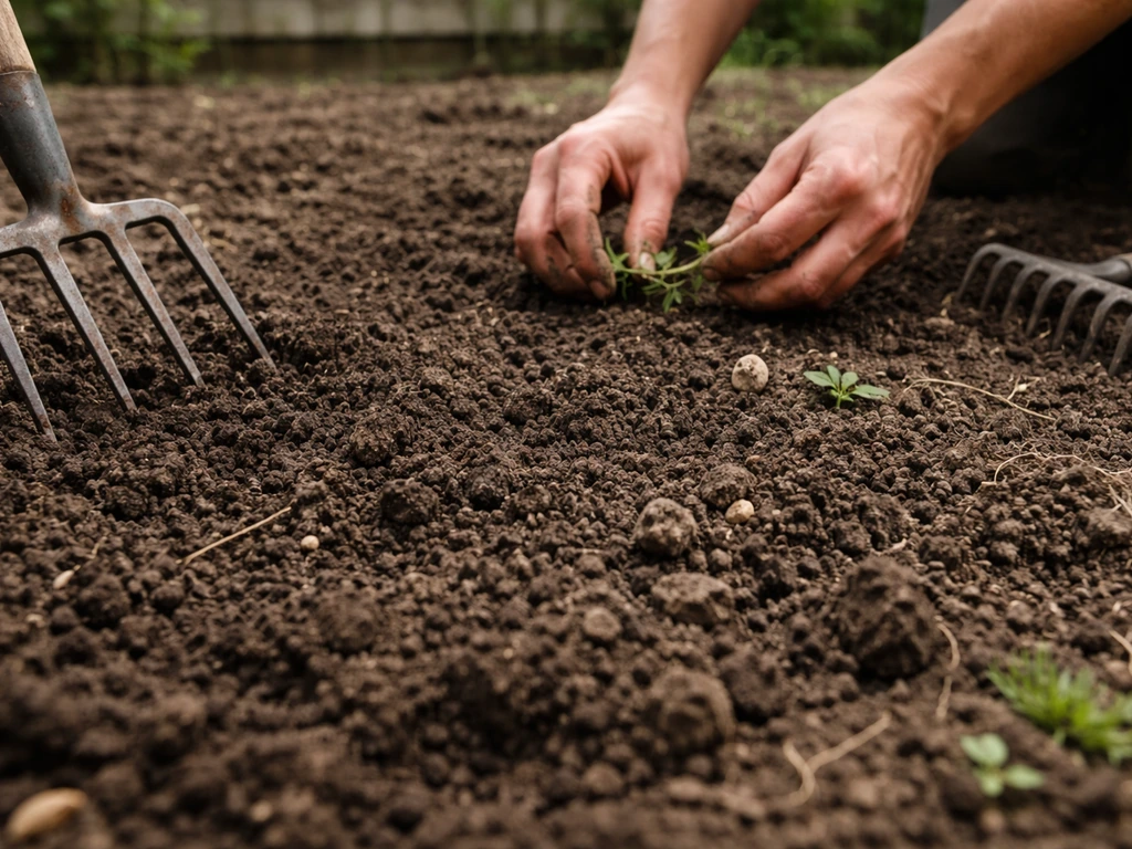 Hands use a garden fork to loosen top soil, pulling weeds and small rocks before seeding.