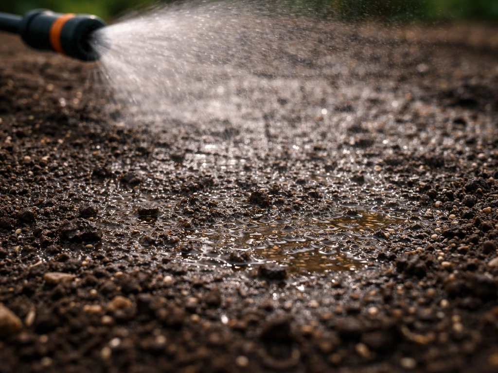 Misting a fresh zoysiagrass seedbed, keeping the top layer evenly moist and not waterlogged