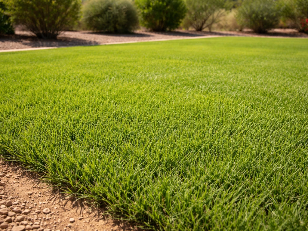 Vibrant bermuda grass lawn in a sunny Arizona backyard with dry landscaping and a clear summer look.