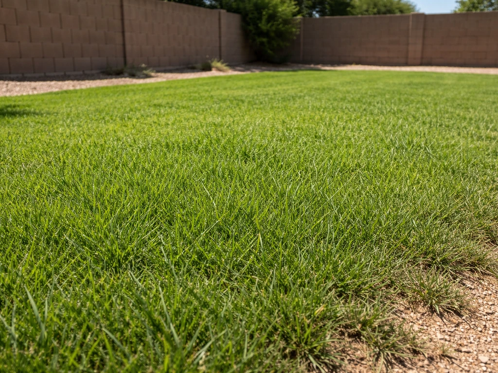 Sunny Arizona backyard lawn with lush bermuda grass sprouting in late spring/early summer heat