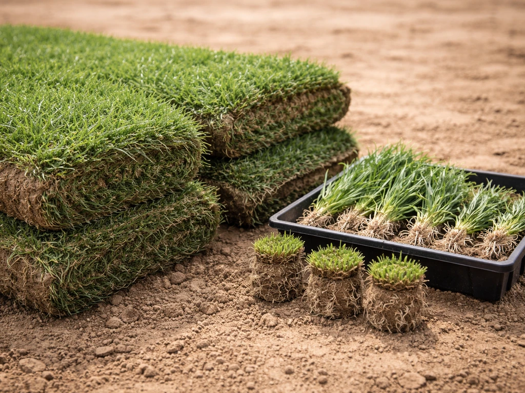 Close-up of bermudagrass sod rolls beside sprigs and plugs on soil.