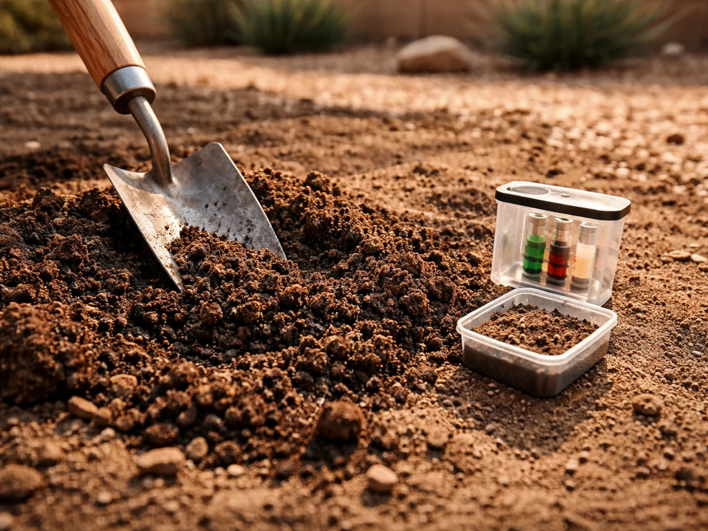 Close-up of a soil pH testing kit with soil sample and a hand trowel mixing amendments in topsoil