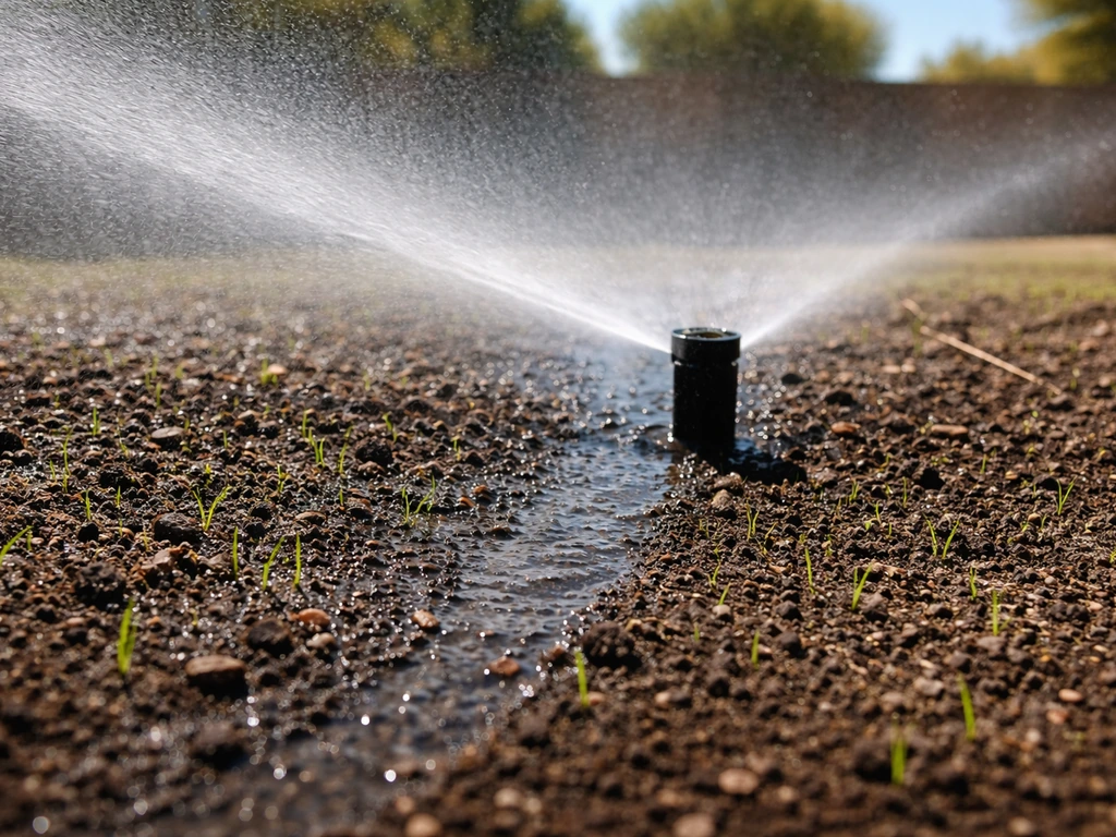 Sprinkler misting freshly seeded bermuda grass in bright Arizona summer heat, soil darkened by water.