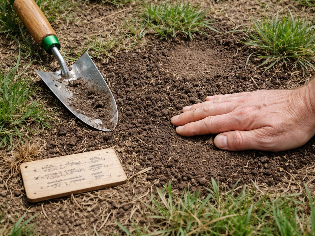 Close-up of patchy bermuda spots with hand checking soil contact and moisture using a trowel.