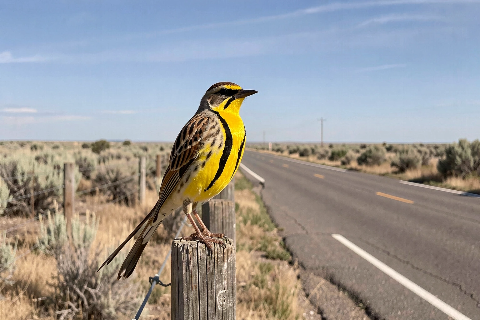 Western meadowlark perched on an eastern Oregon fence post in open grassland habitat