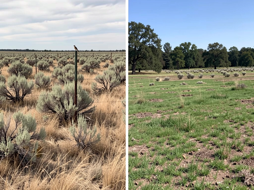 Map-like split scene of eastern Oregon sagebrush habitat vs western Oregon pasture