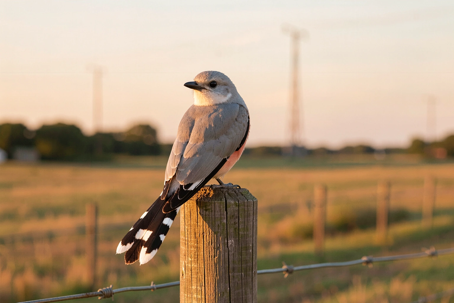 Scissor-tailed flycatcher perched on a rural Oklahoma fence post with open pasture background