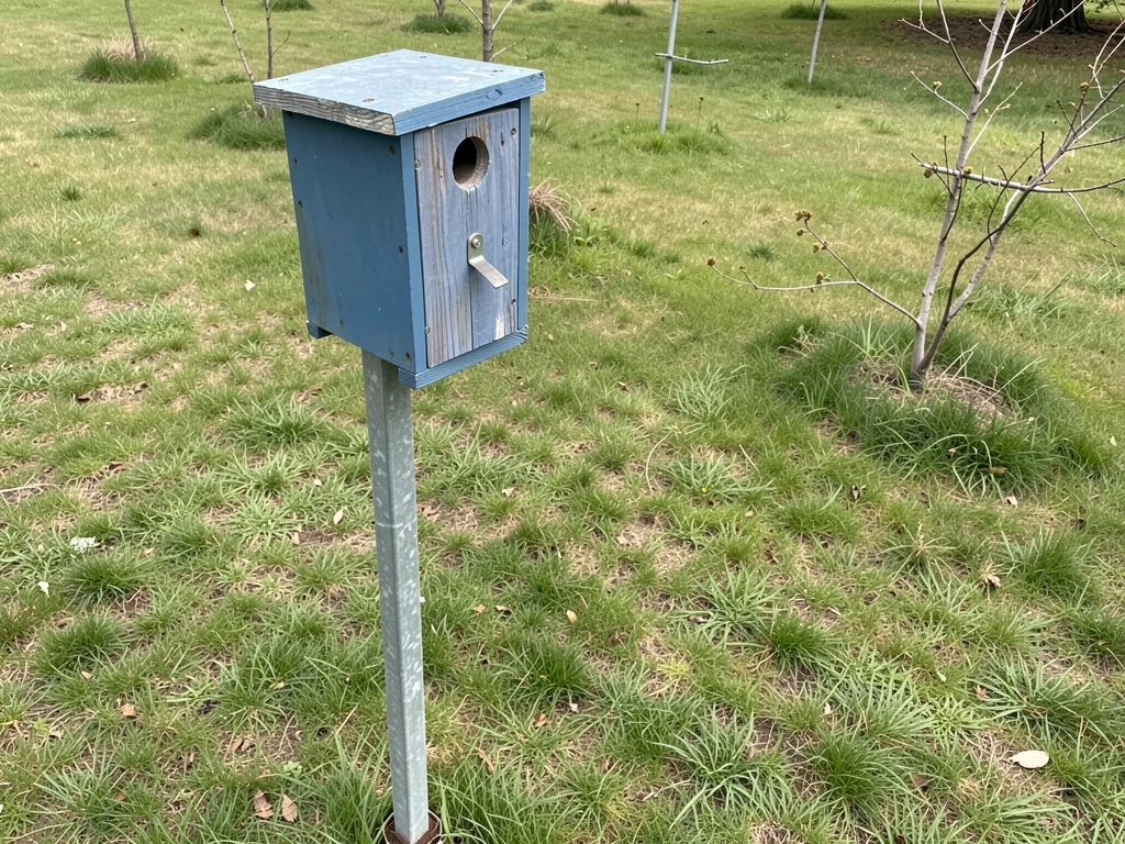 Bluebird nest box on a pole with a protective predator guard facing an open yard