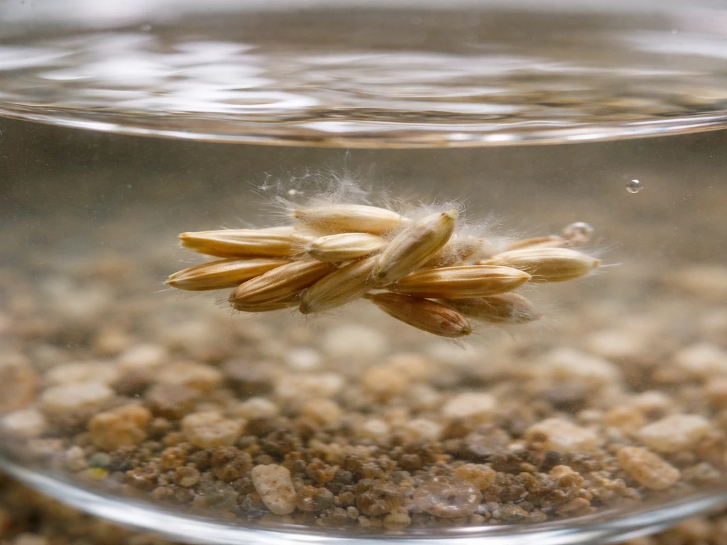 Close-up macro of grass seeds submerged in clear water with no visible sprouting.