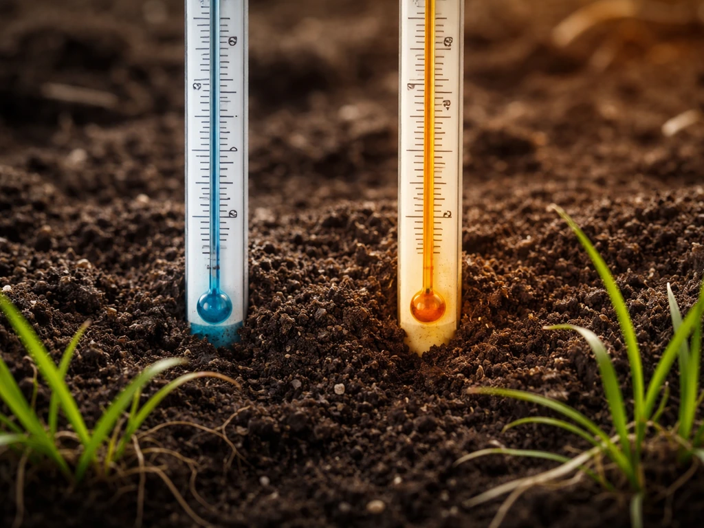 Close-up soil and grass roots with two thermometers showing colder vs warmer water impact.