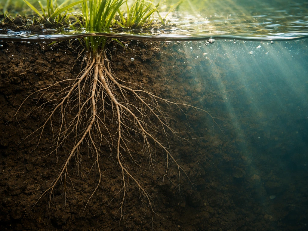 Underwater soil cross-section showing brighter oxygenated upper zone and darker anaerobic deeper soil near roots.