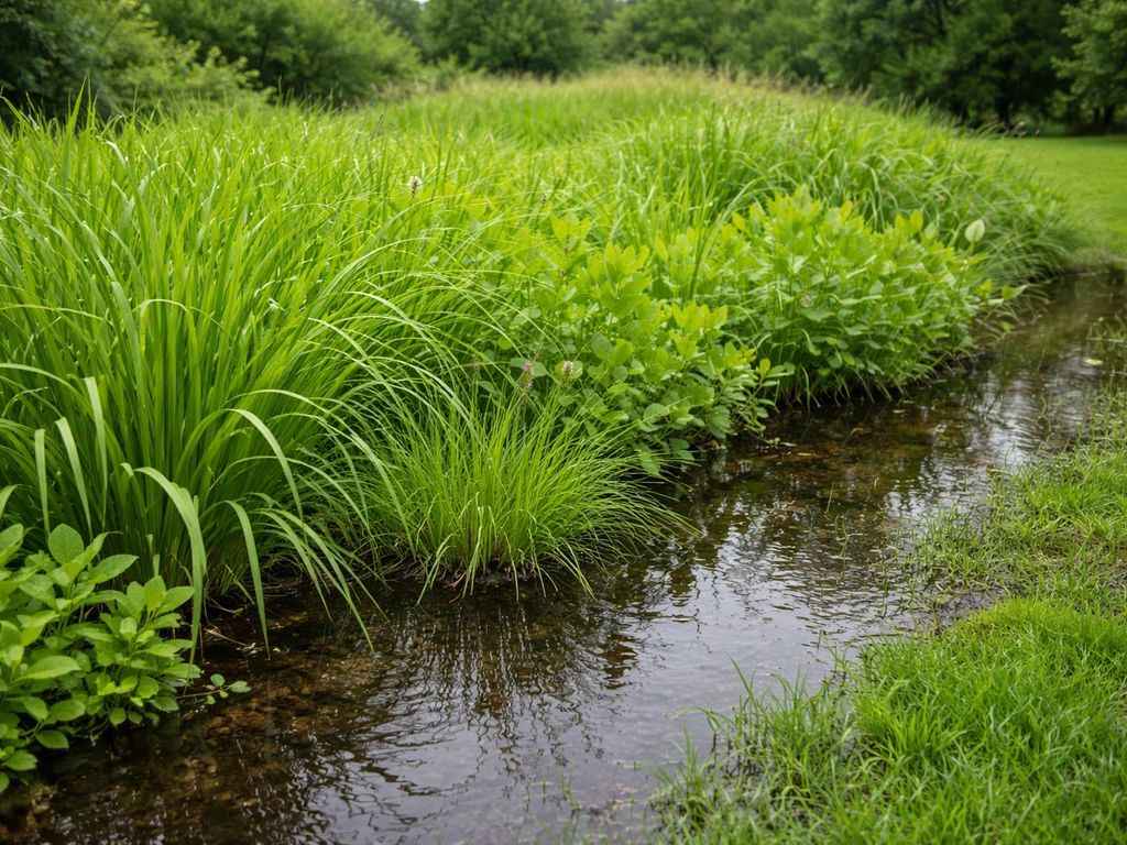 Wetland sedges thriving in saturated soil along a flood-prone edge with shallow standing water