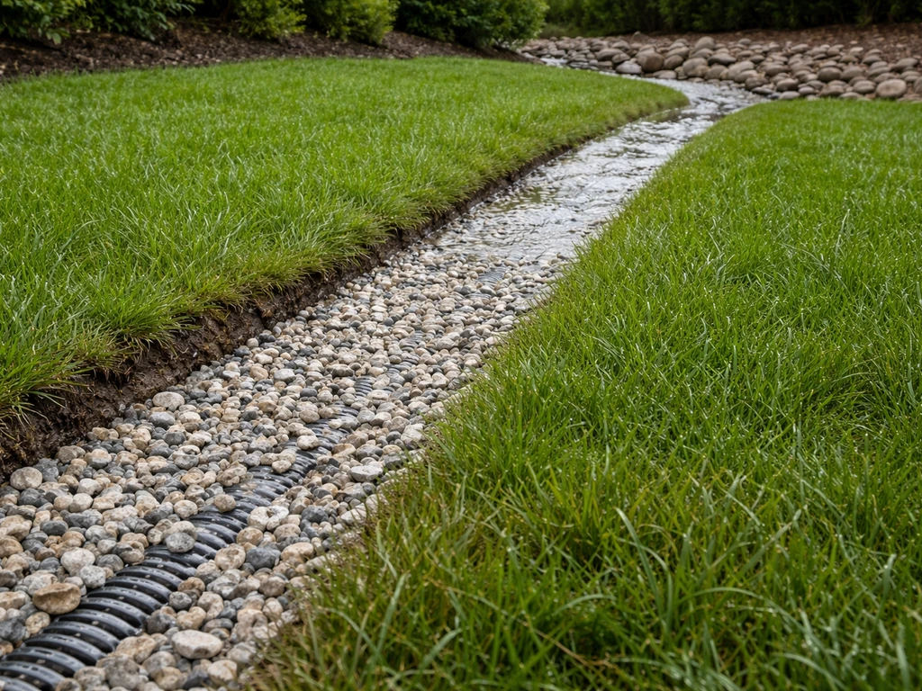Graded yard swale and French drain redirecting runoff away from lush turfgrass