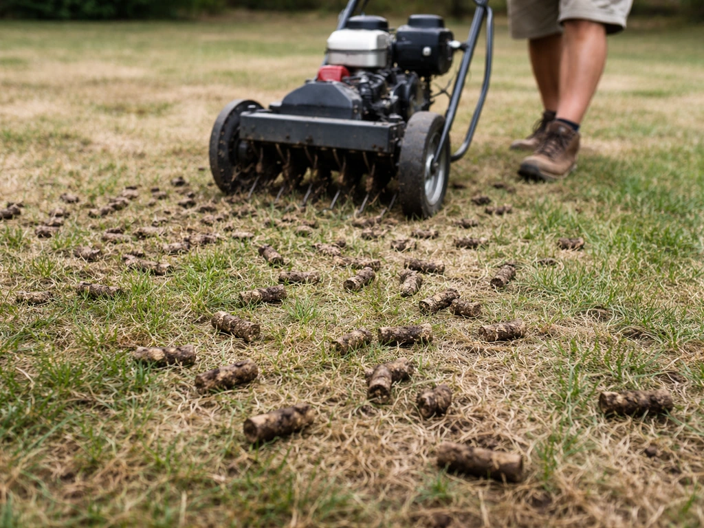 Worker core-aerating a compacted lawn, pulling soil plugs with a lawn aerator