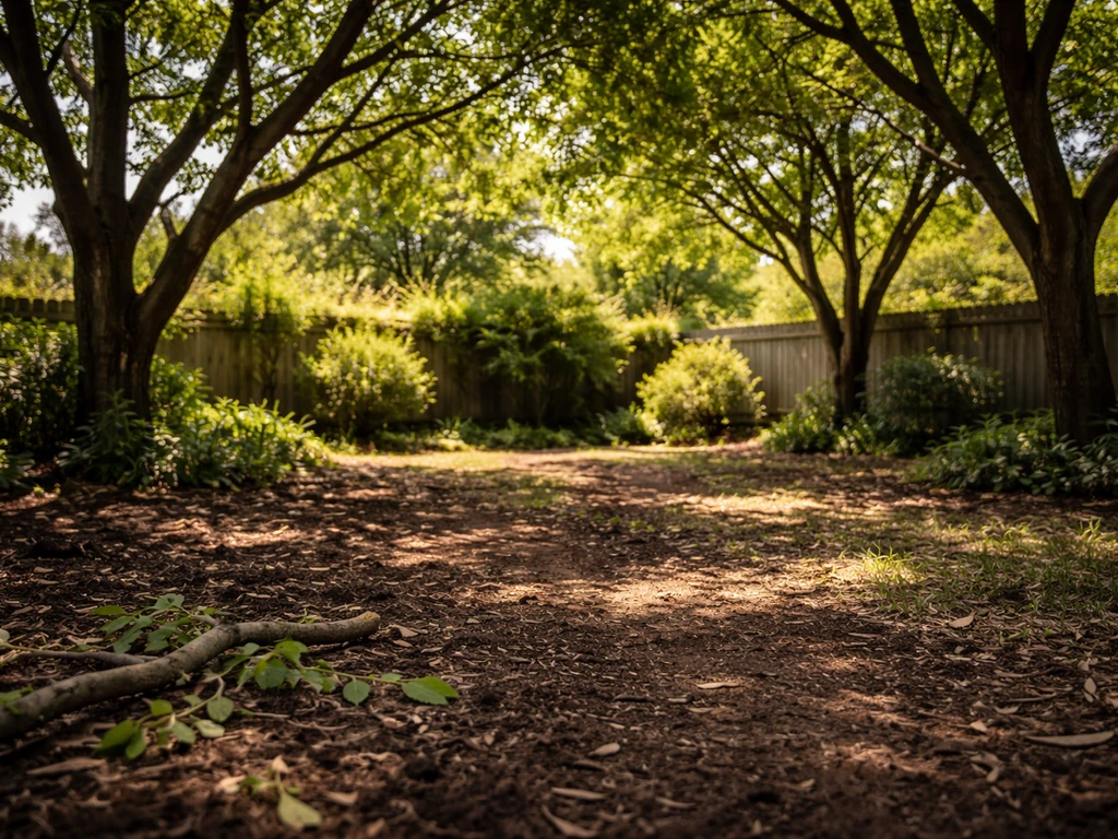 Backyard under pruned tree canopy with dappled sunlight reaching the ground