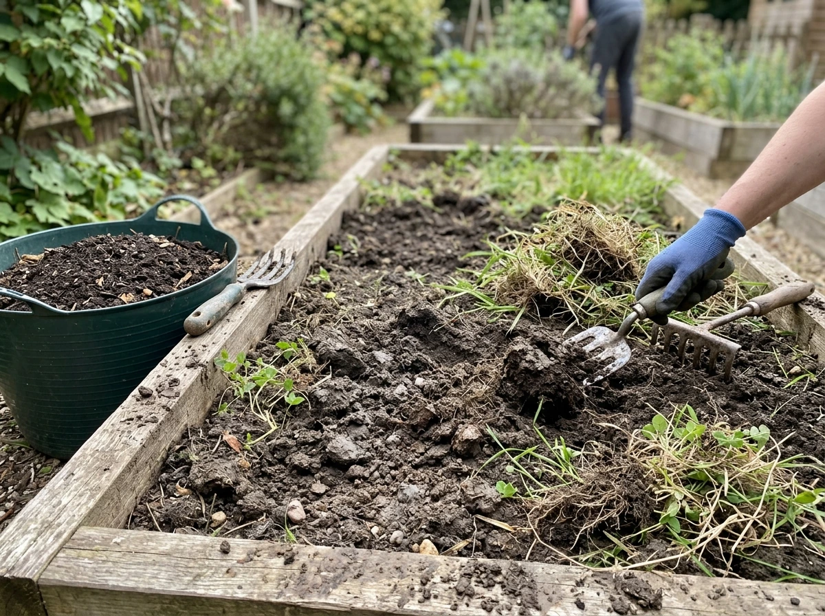 Hand tools used to prep soil for ground cover installation.