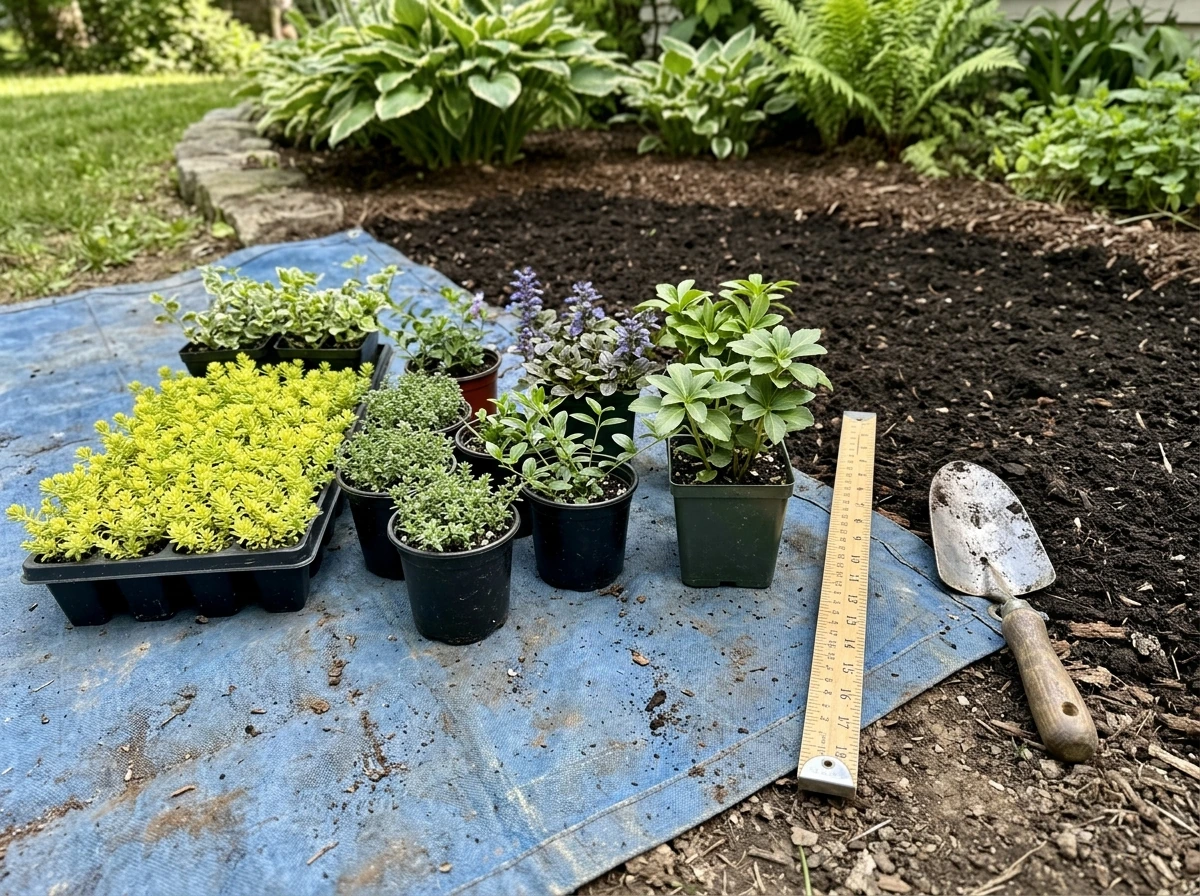 Potted ground cover plugs and containers ready for planting.