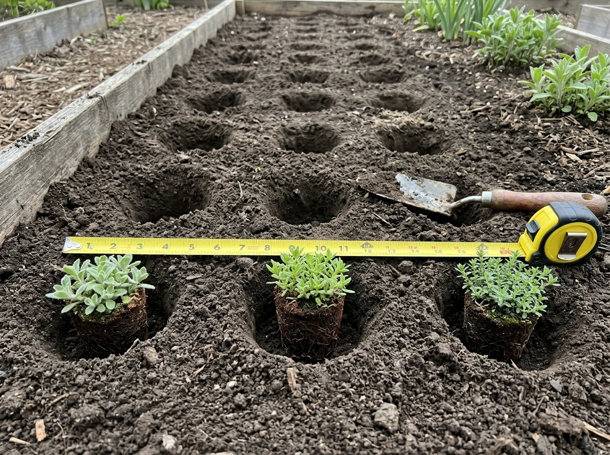 Plugs spaced and placed at planned intervals in a planting bed.