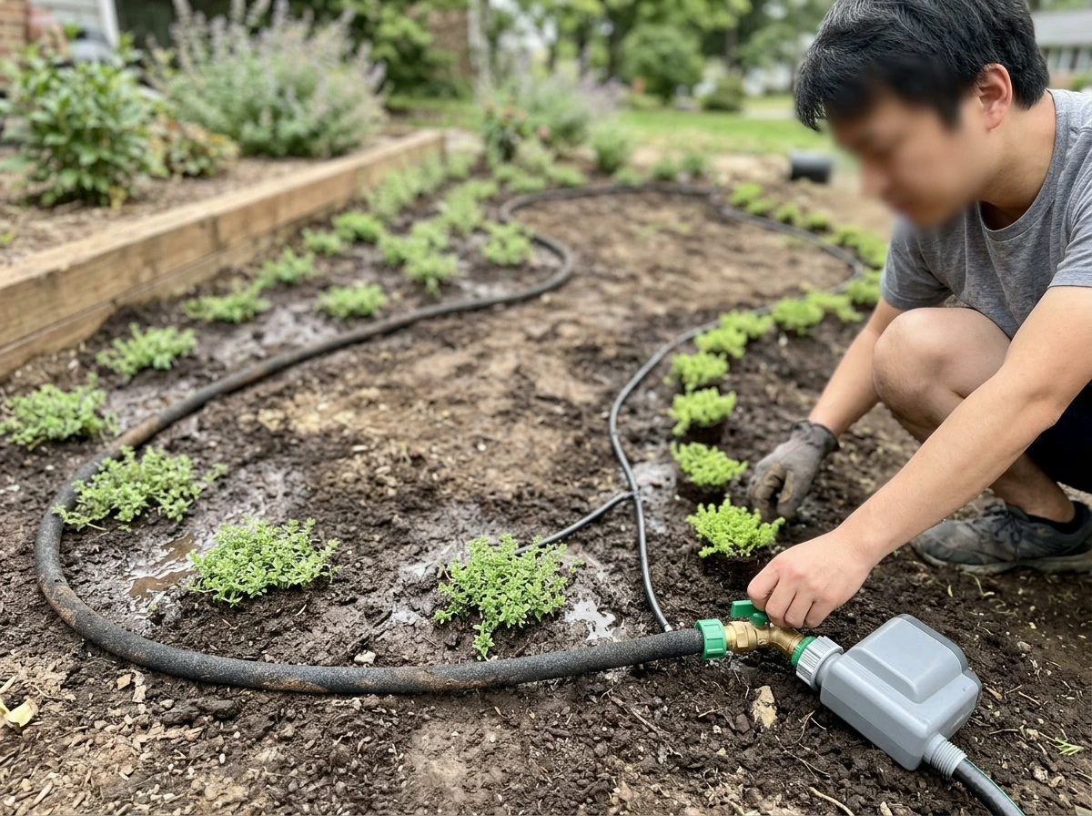 Drip irrigation watering new ground cover for establishment.
