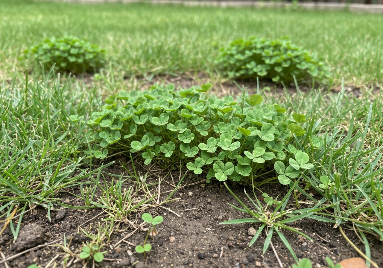 Patchy lawn where denser clover clusters stand out against thinner, stressed grass