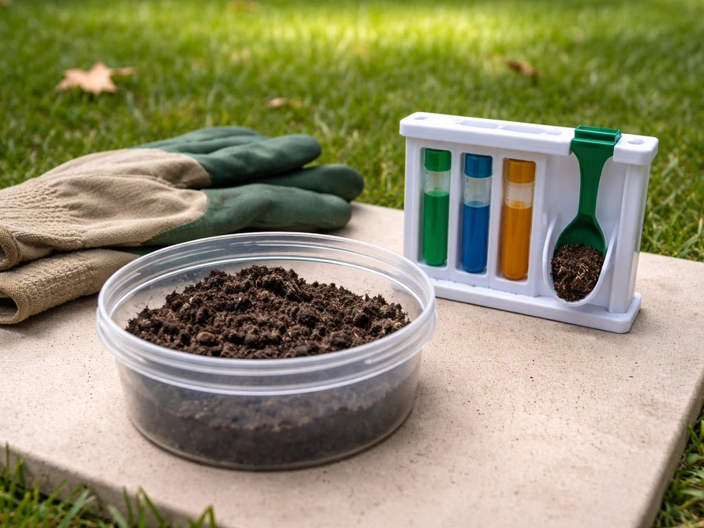 Soil sample container and handheld soil test kit on a lawn work surface with grass in the background.