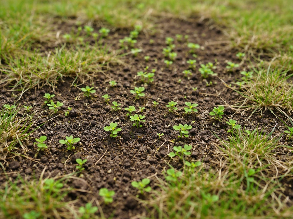 Close-up of thin, bare lawn spots with small clover seedlings sprouting in exposed soil