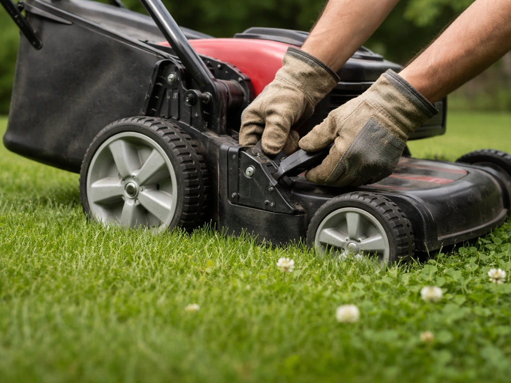 Home lawn-care worker adjusting mower height beside small clover patches.