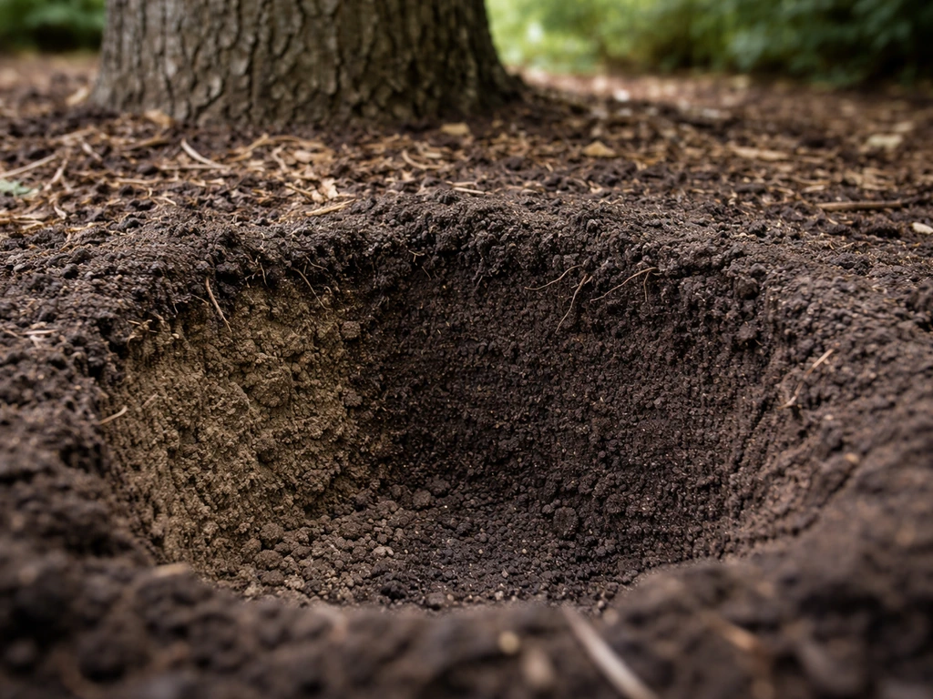 Small test hole under a tree showing crumbly versus dense soil layers and drainage structure.