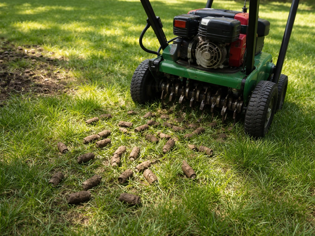 Compact core aerator removing small soil plugs in shaded grass under tree canopy