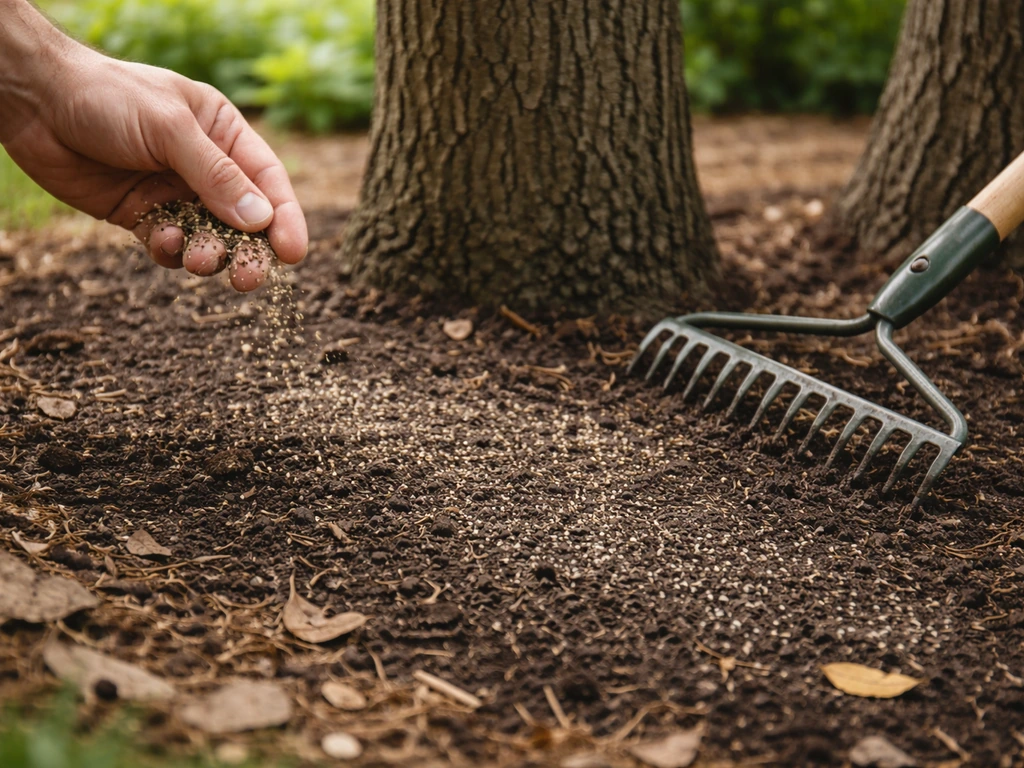 Anonymous hands broadcast grass seed and lightly rake it into soil under trees.