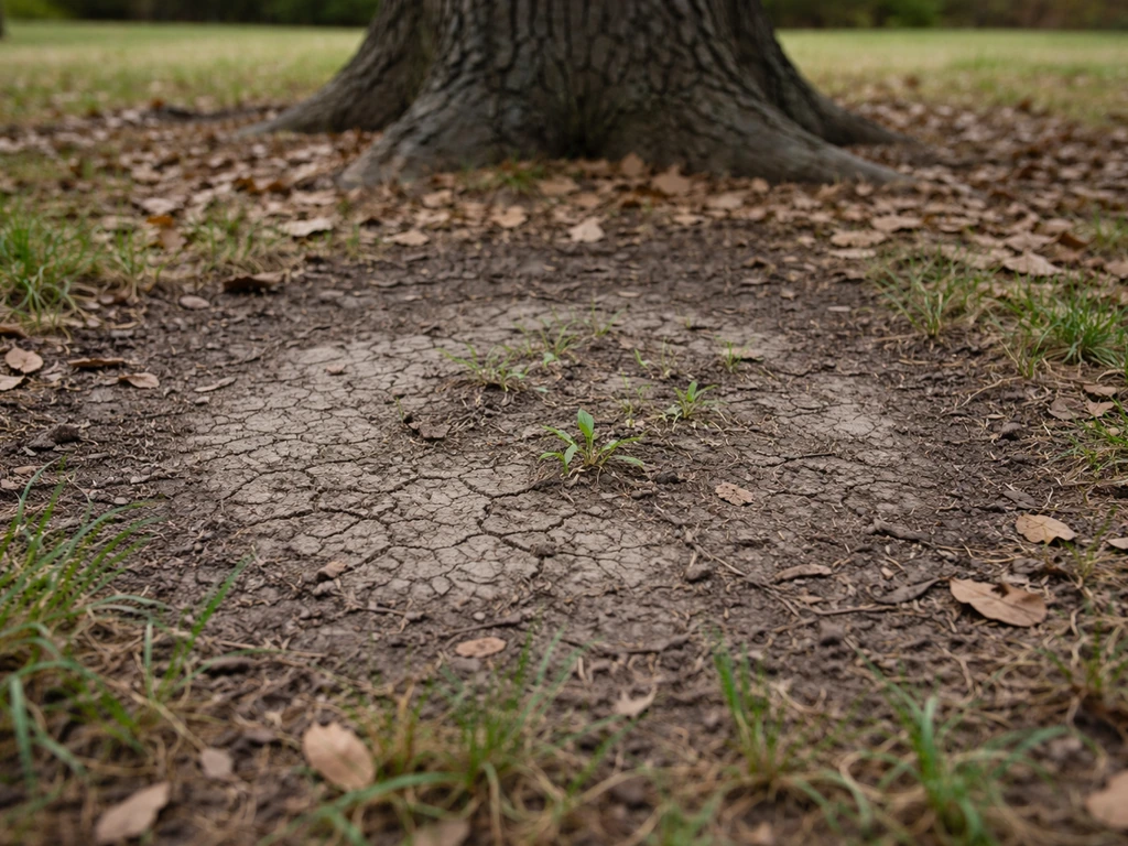 Thinning grass patches under a tree with exposed soil and small seedlings, hinting at troubleshooting causes.