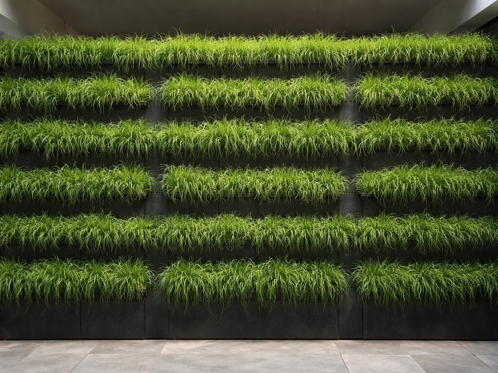Lush green turf growing vertically on a wall with layered planting pockets and natural light.