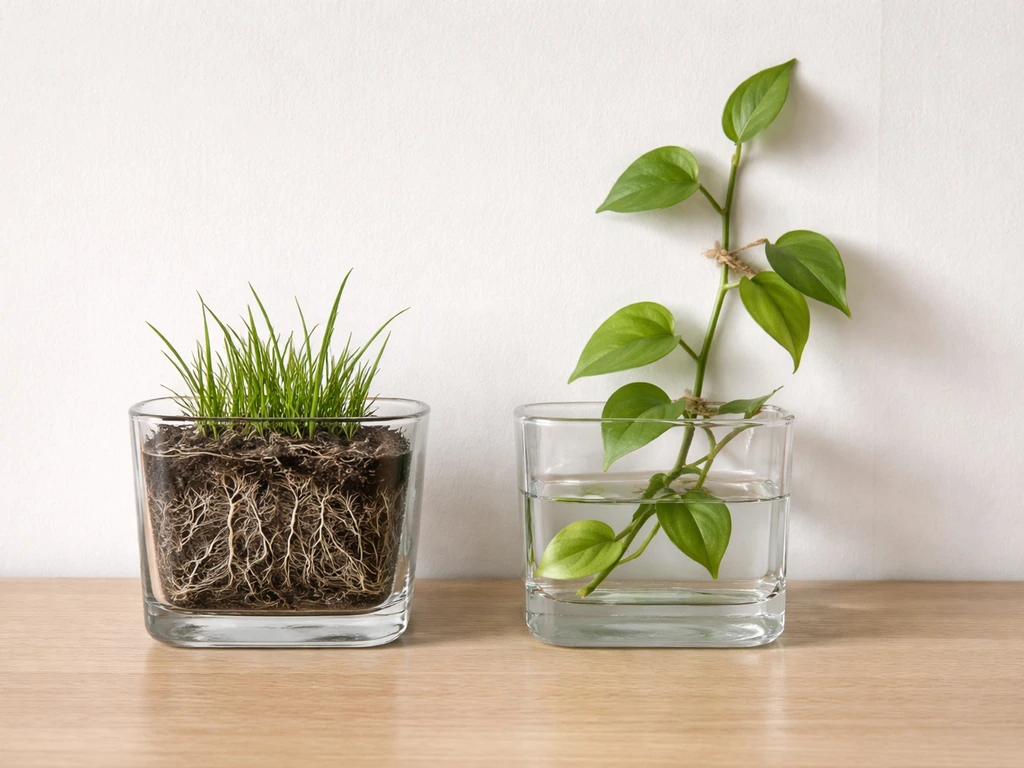 Side-by-side containers: grass roots in soil versus an ivy-like vine leaning upward without clinging.