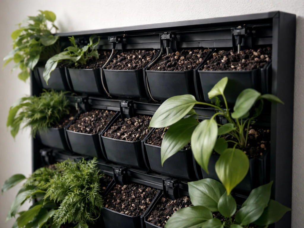 Close-up of a modular living wall frame showing planting cells filled with growing medium and visible irrigation parts.