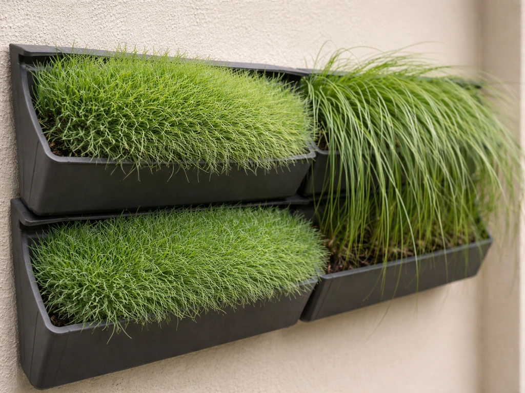 Close-up of a vertical living wall planter showing creeping fescue thriving versus taller grass drooping slightly.