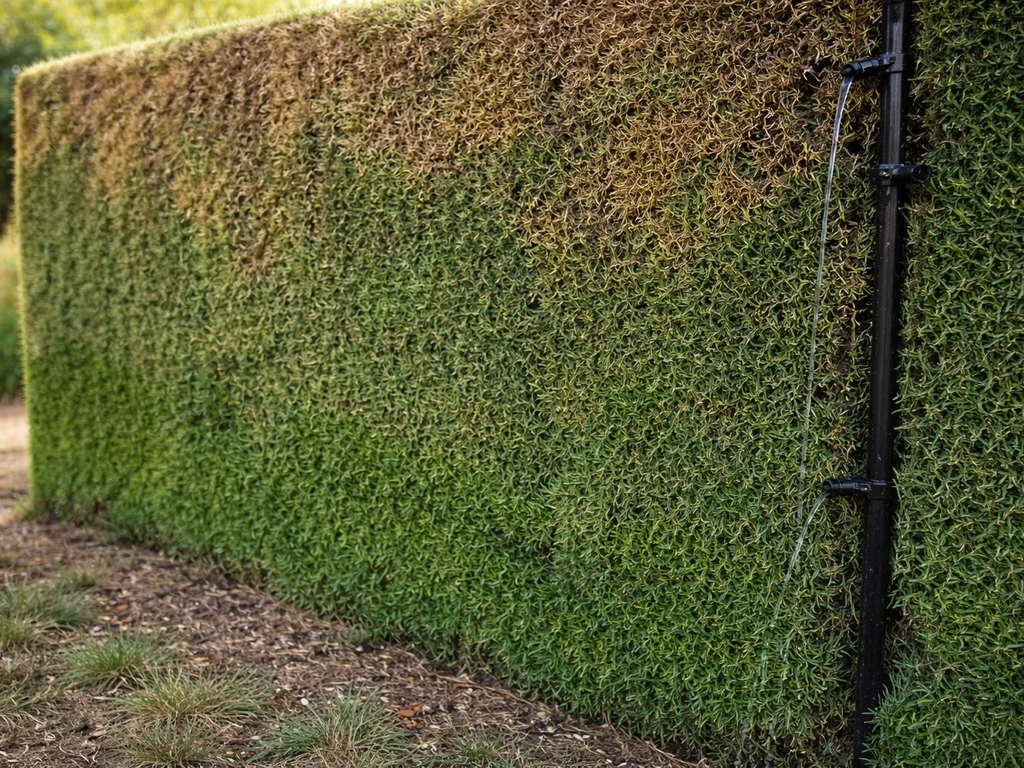 Close-up of a vertical grass wall with uneven browning and an irrigation hose emitting water near the top rows