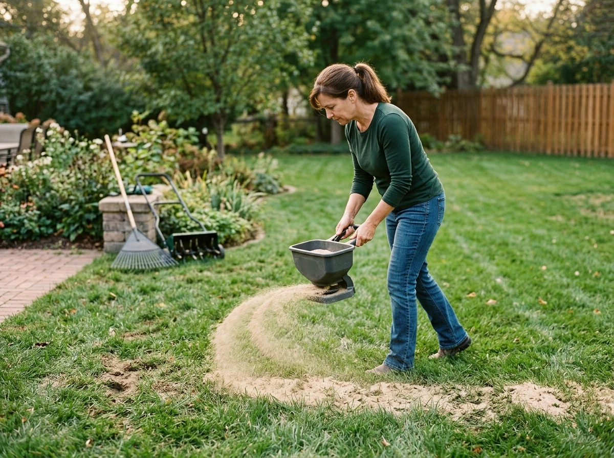 Person topdressing a lawn with sand to improve drainage and help grass grow