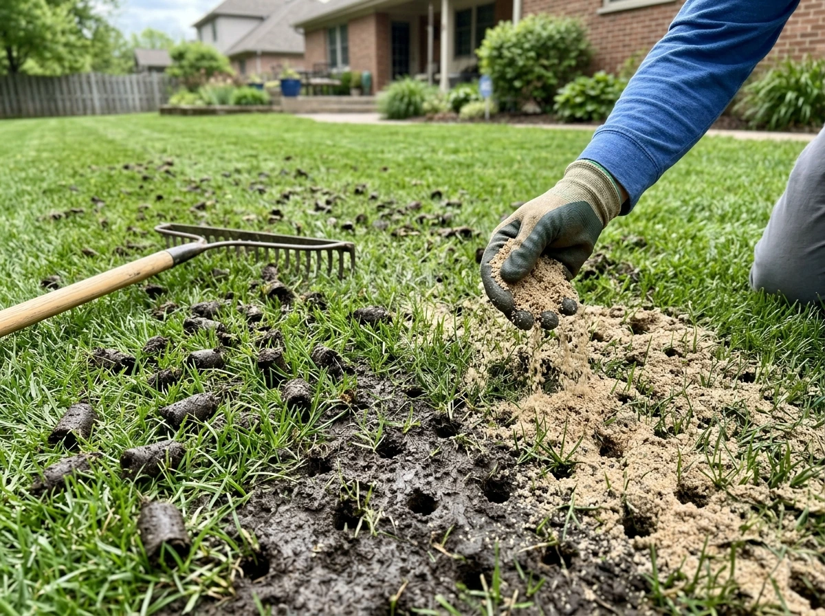 Core aeration holes filled with coarse sand topdressing