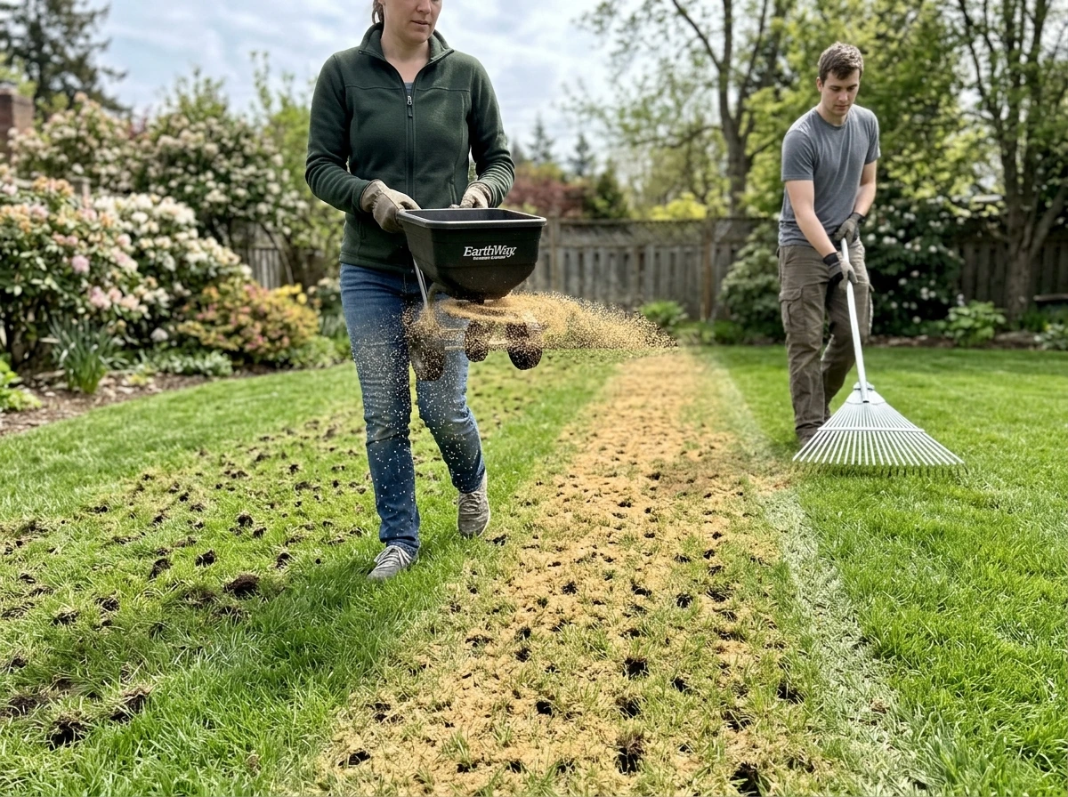 Broadcast spreader applying sand evenly before raking into aeration holes