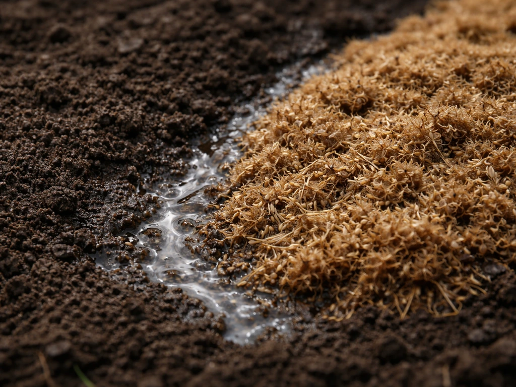 Close-up of damp sphagnum peat moss holding water over a grass seedbed, contrasting with bare soil.
