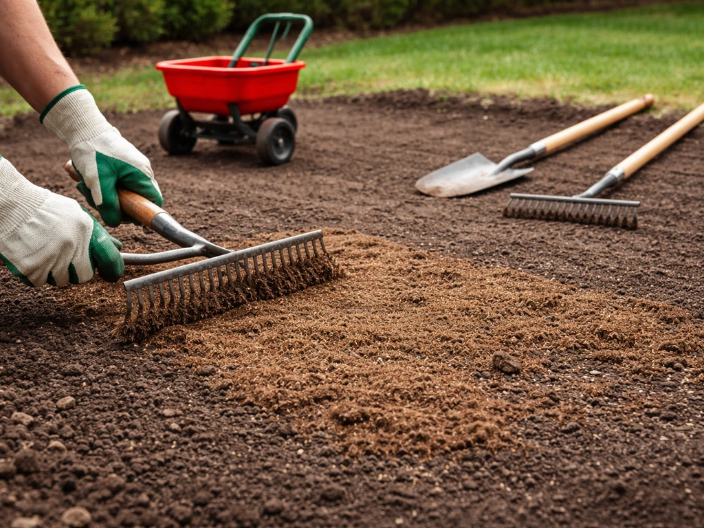 Tools laid out with peat moss being raked into a prepared grass seedbed