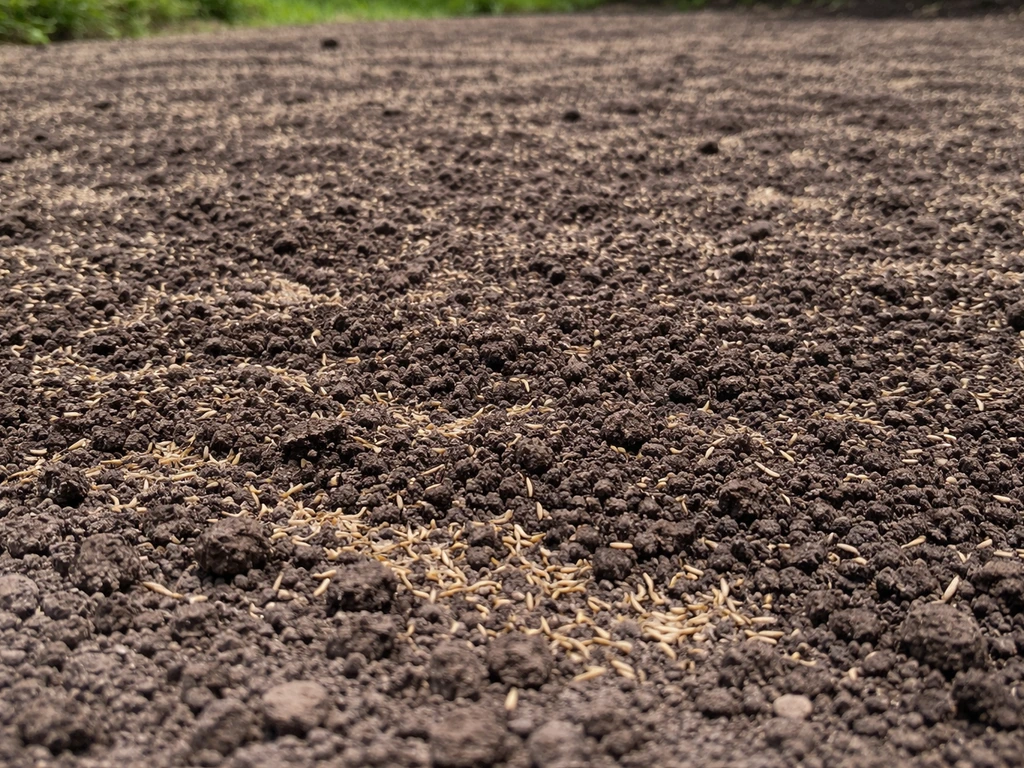 Close-up of broadcast grass seed barely covered with a thin layer of dark peat in a raked seedbed