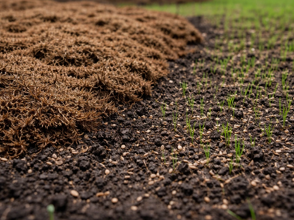 Over-thick peat moss crust blocks seeds while a thin layer lets small sprouts emerge in a lawn bed