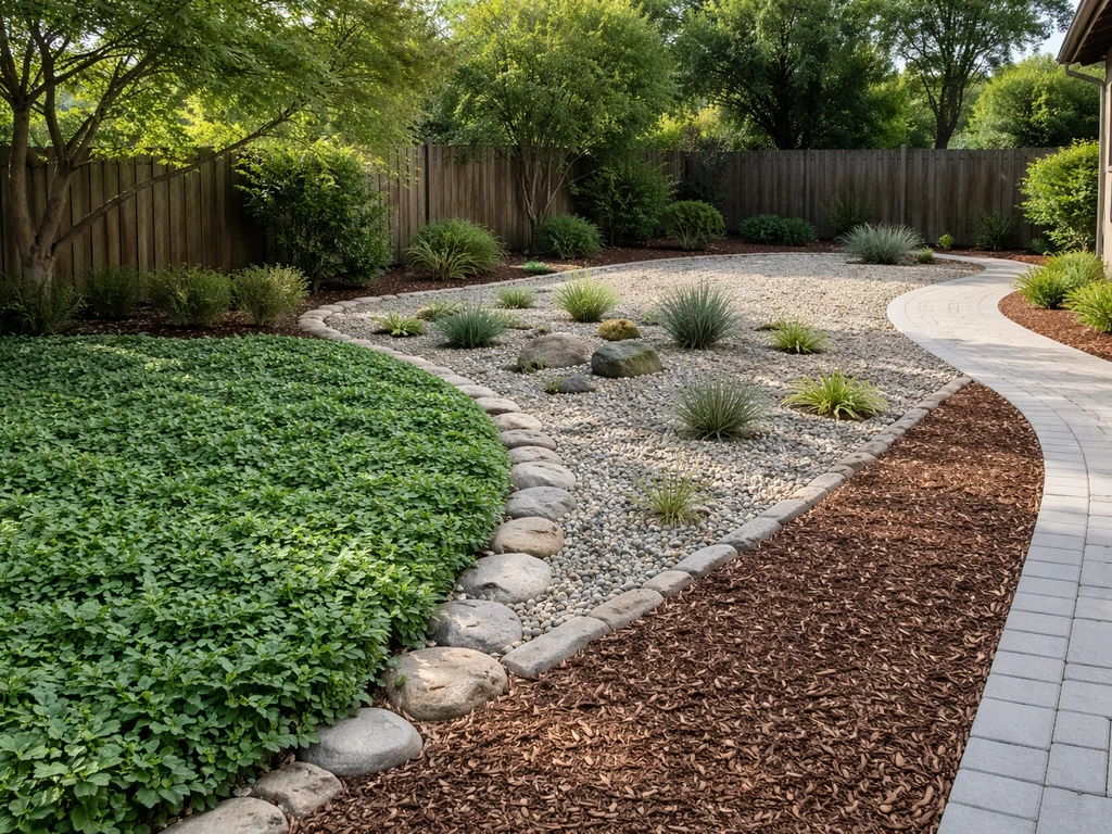 Wide yard showing groundcover shade bed, gravel area, and mulch/paver edge where grass won’t grow.