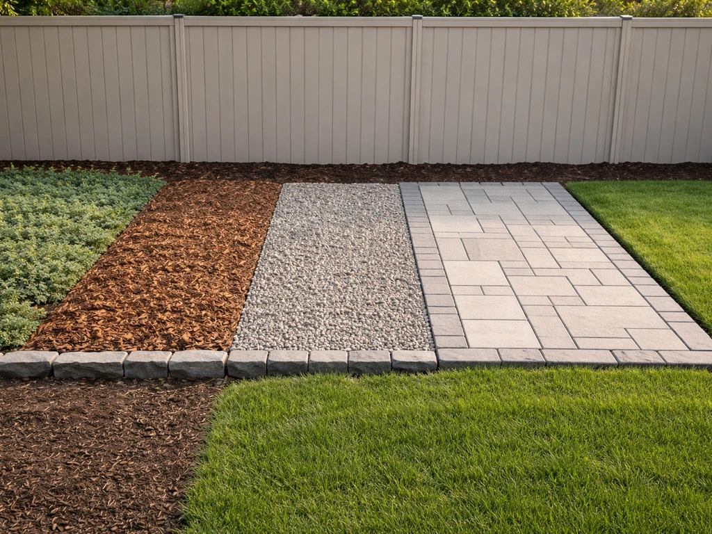 Minimal yard with distinct sections showing groundcover plants, mulch bed, gravel, pavers, and turf side by side.