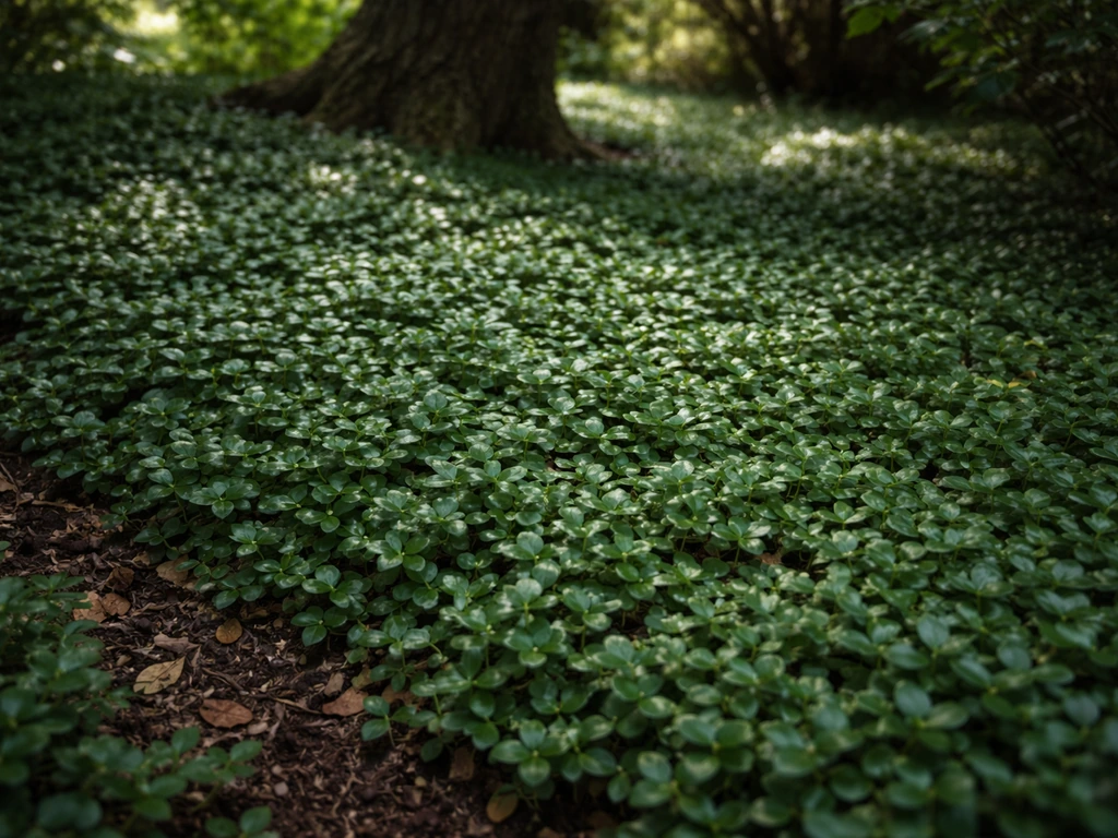 Evergreen pachysandra-like groundcover thriving under a tree canopy in deep shade, showing dense leaf coverage.